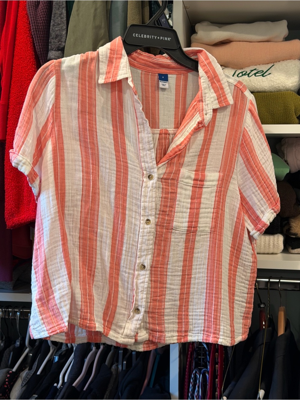 Old Navy Casual Striped Button-Front Women’s Top — Coral & White